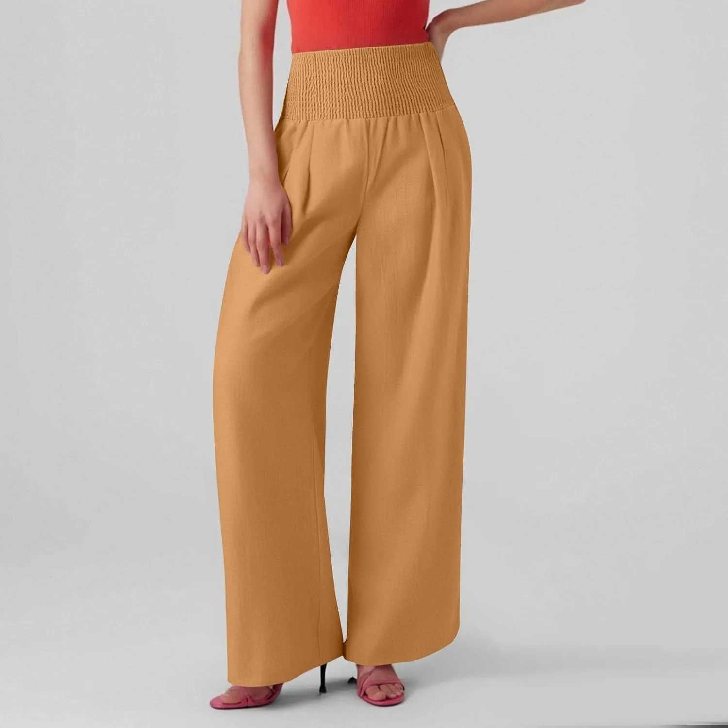 High Waisted Linen Pants Women Wide Leg Palazzo Pants Summer Smocked Casual Pant Work to Lounge Trousers with Pockets