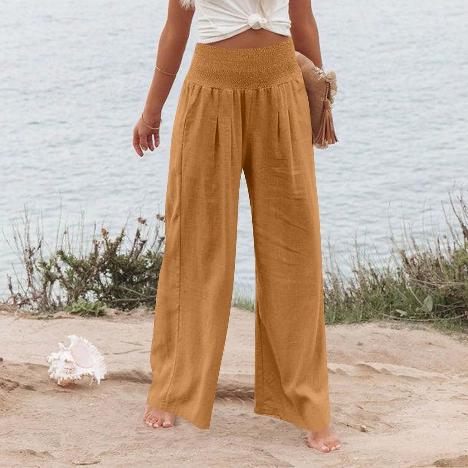 High Waisted Linen Pants Women Wide Leg Palazzo Pants Summer Smocked Casual Pant Work to Lounge Trousers with Pockets