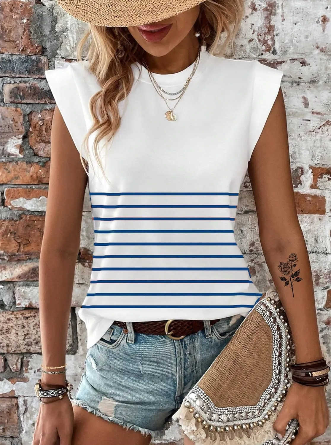 Hilinker Women's Cute Summer Cap Sleeve Top Mock Neck T Shirts Casual Loose Summer Tee