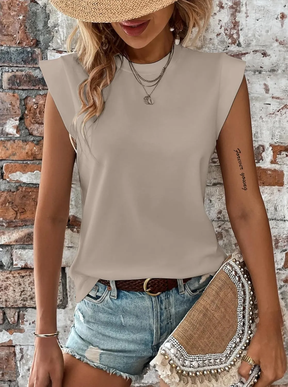 Hilinker Women's Cute Summer Cap Sleeve Top Mock Neck T Shirts Casual Loose Summer Tee