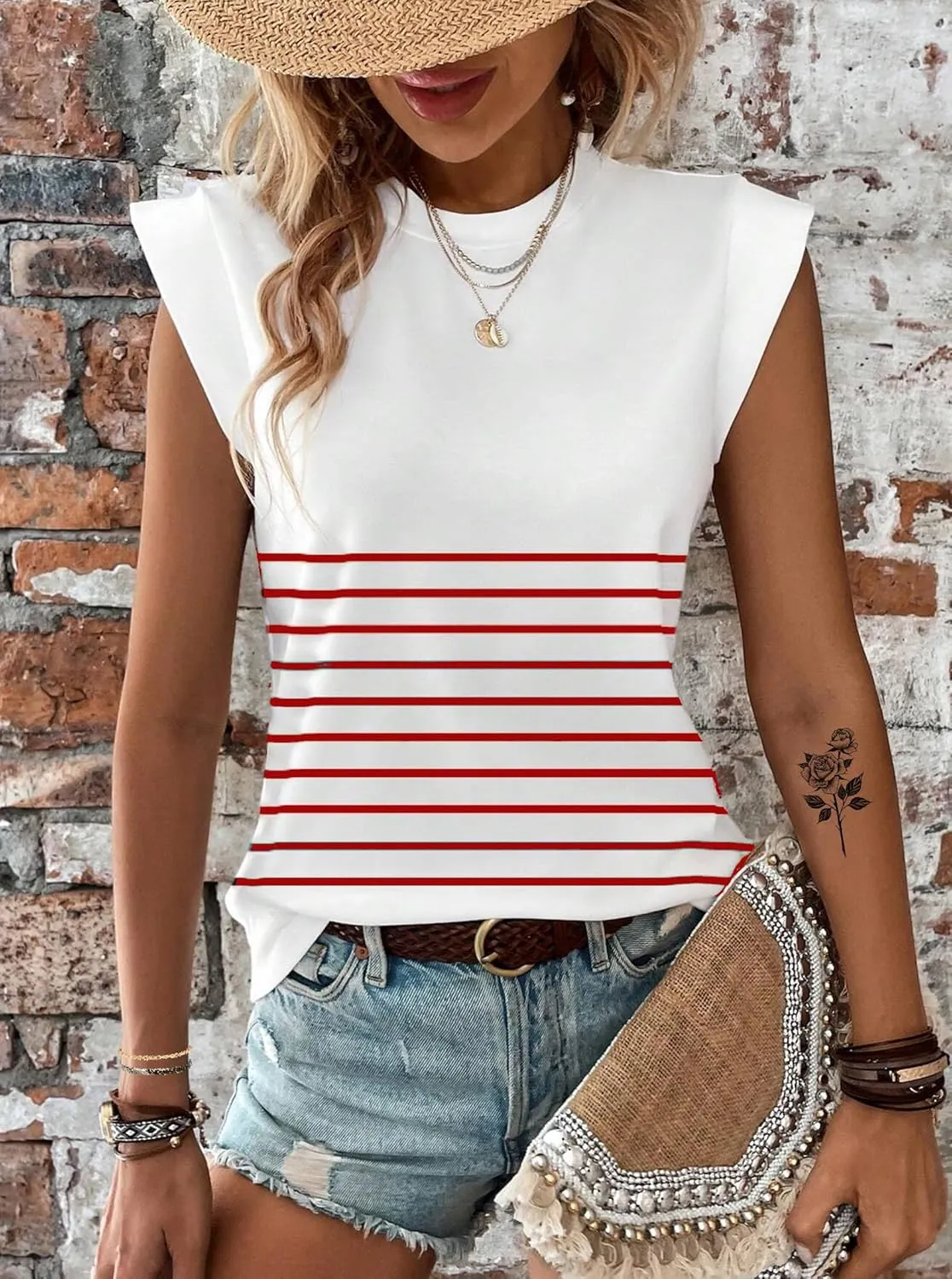 Hilinker Women's Cute Summer Cap Sleeve Top Mock Neck T Shirts Casual Loose Summer Tee