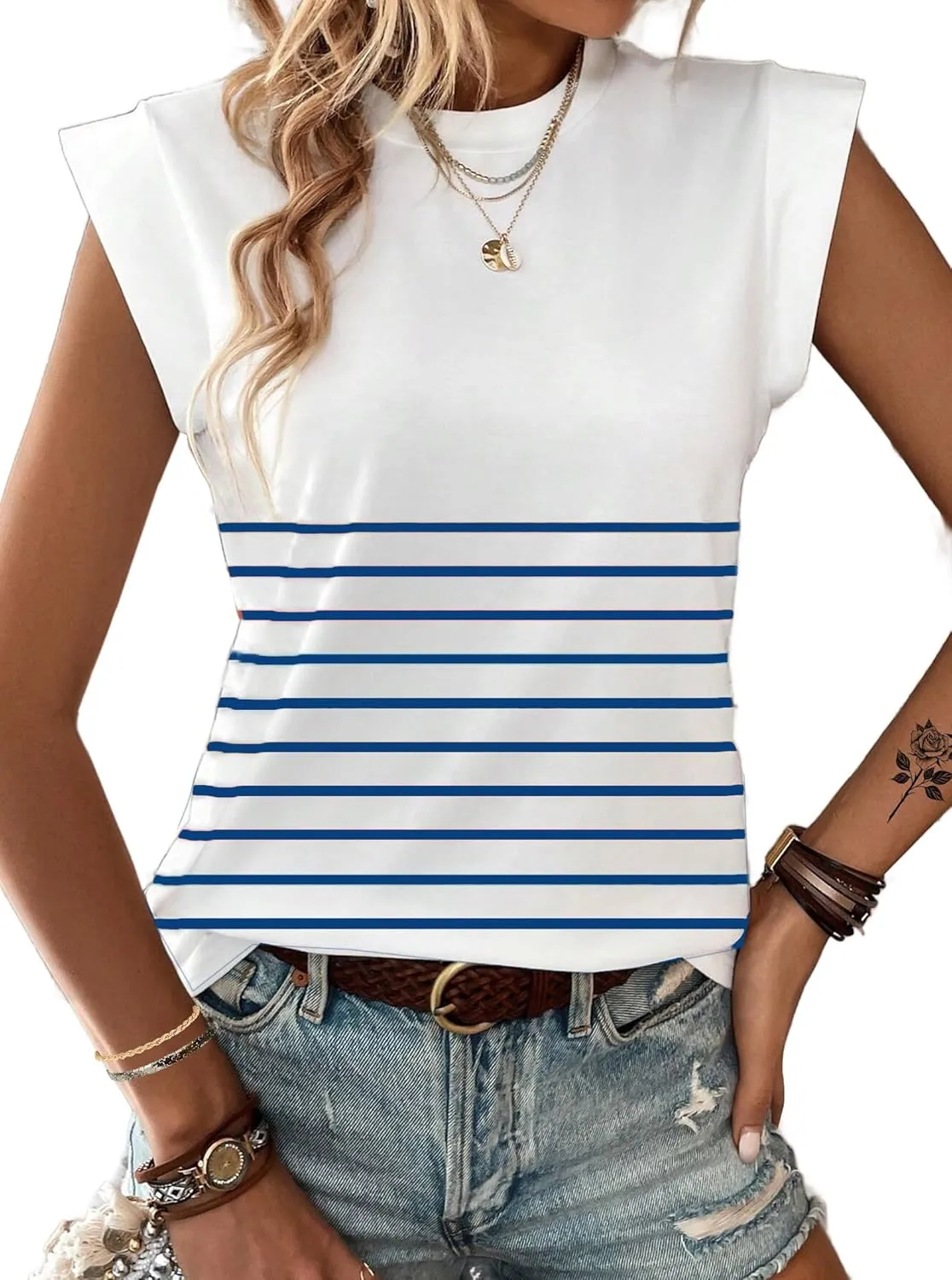 Hilinker Women's Cute Summer Cap Sleeve Top Mock Neck T Shirts Casual Loose Summer Tee