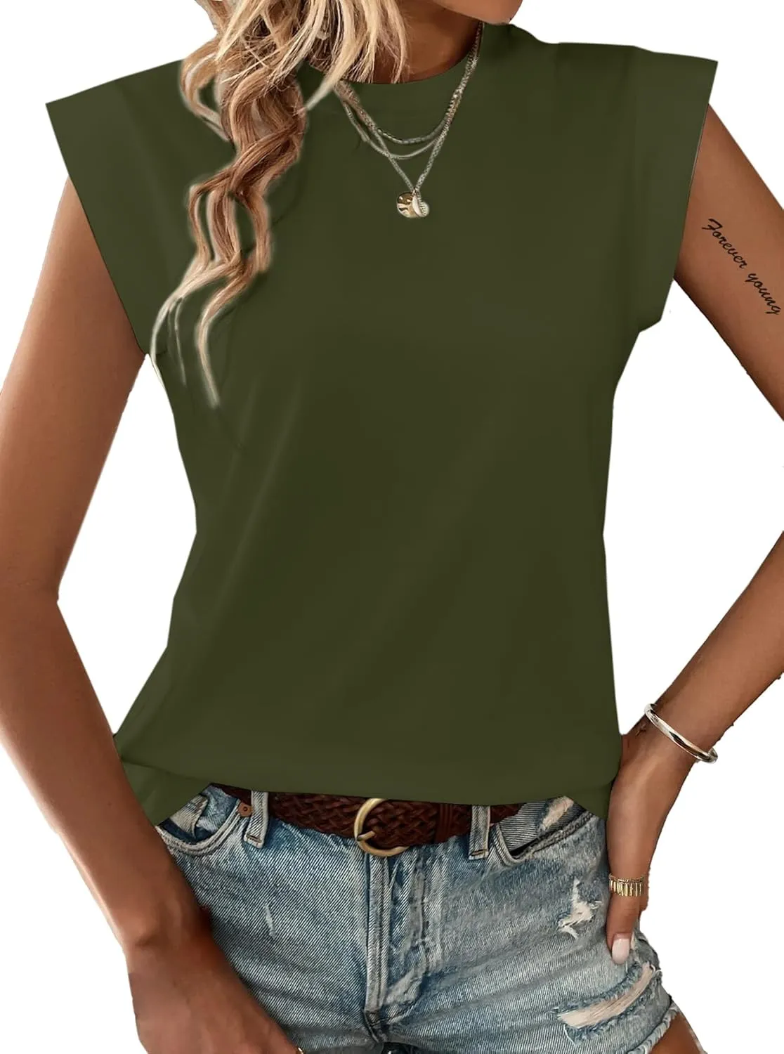 Hilinker Women's Cute Summer Cap Sleeve Top Mock Neck T Shirts Casual Loose Summer Tee