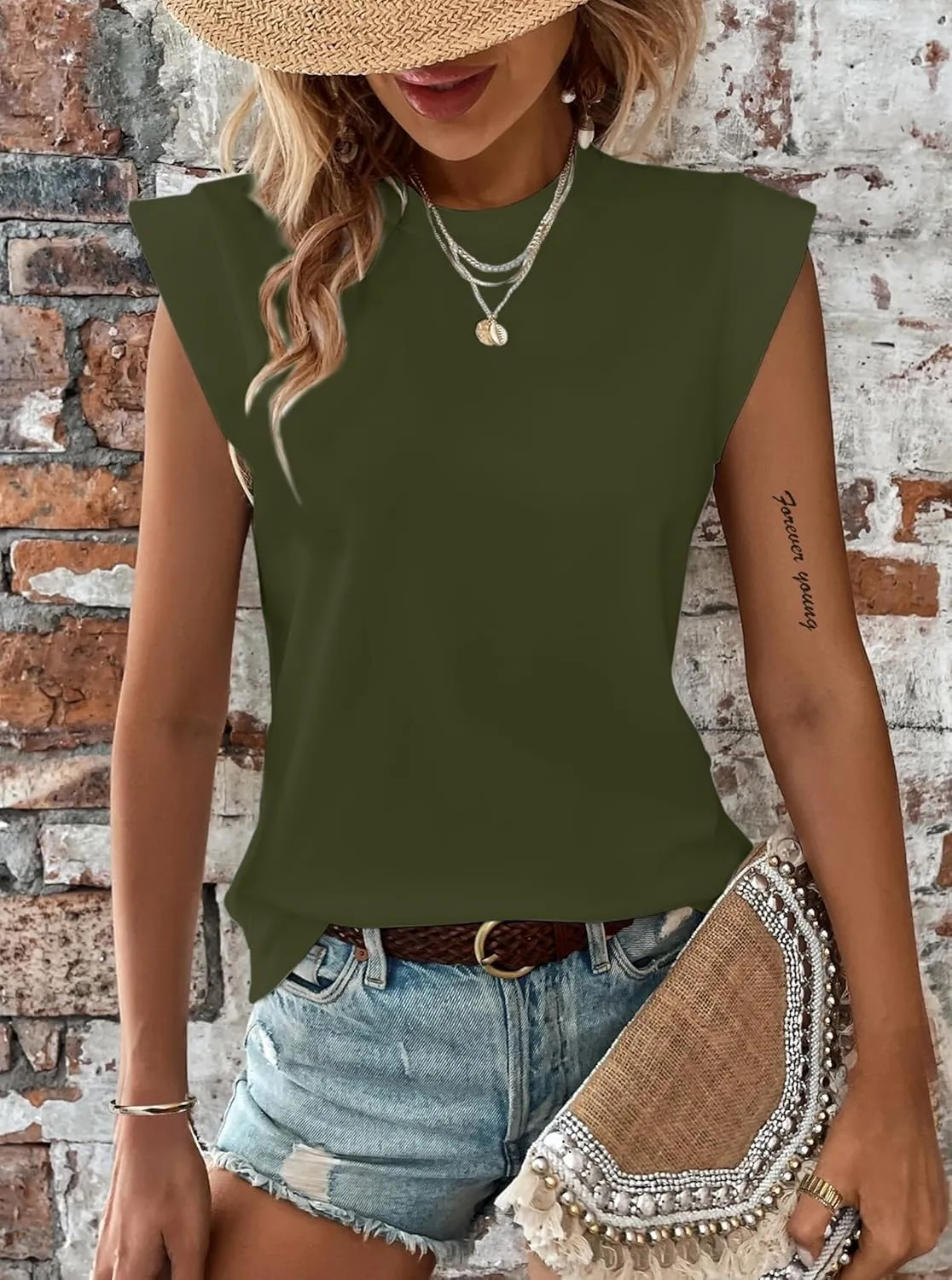 Hilinker Women's Cute Summer Cap Sleeve Top Mock Neck T Shirts Casual Loose Summer Tee