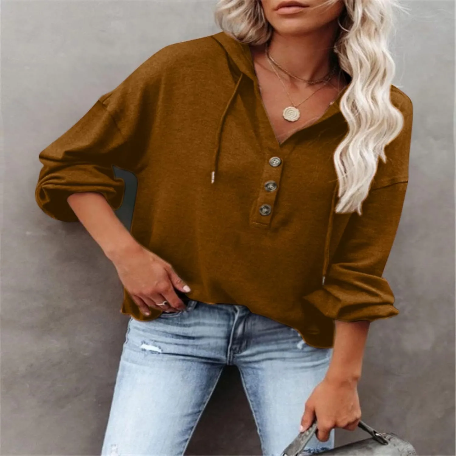 Hoodies for Women Lantern Long Sleeve Sweatshirts Button V Neck Shirts Hooded Pullover Casual Trendy Party Daily Top