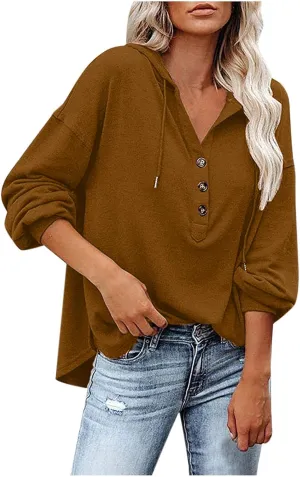 Hoodies for Women Lantern Long Sleeve Sweatshirts Button V Neck Shirts Hooded Pullover Casual Trendy Party Daily Top