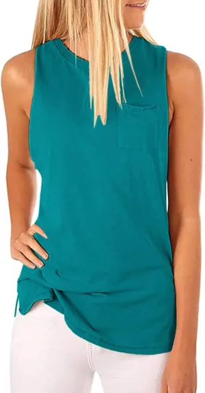 Hount Women's High Neck Tank Tops Summer Sleeveless T Shirts Loose Fit with Pockets