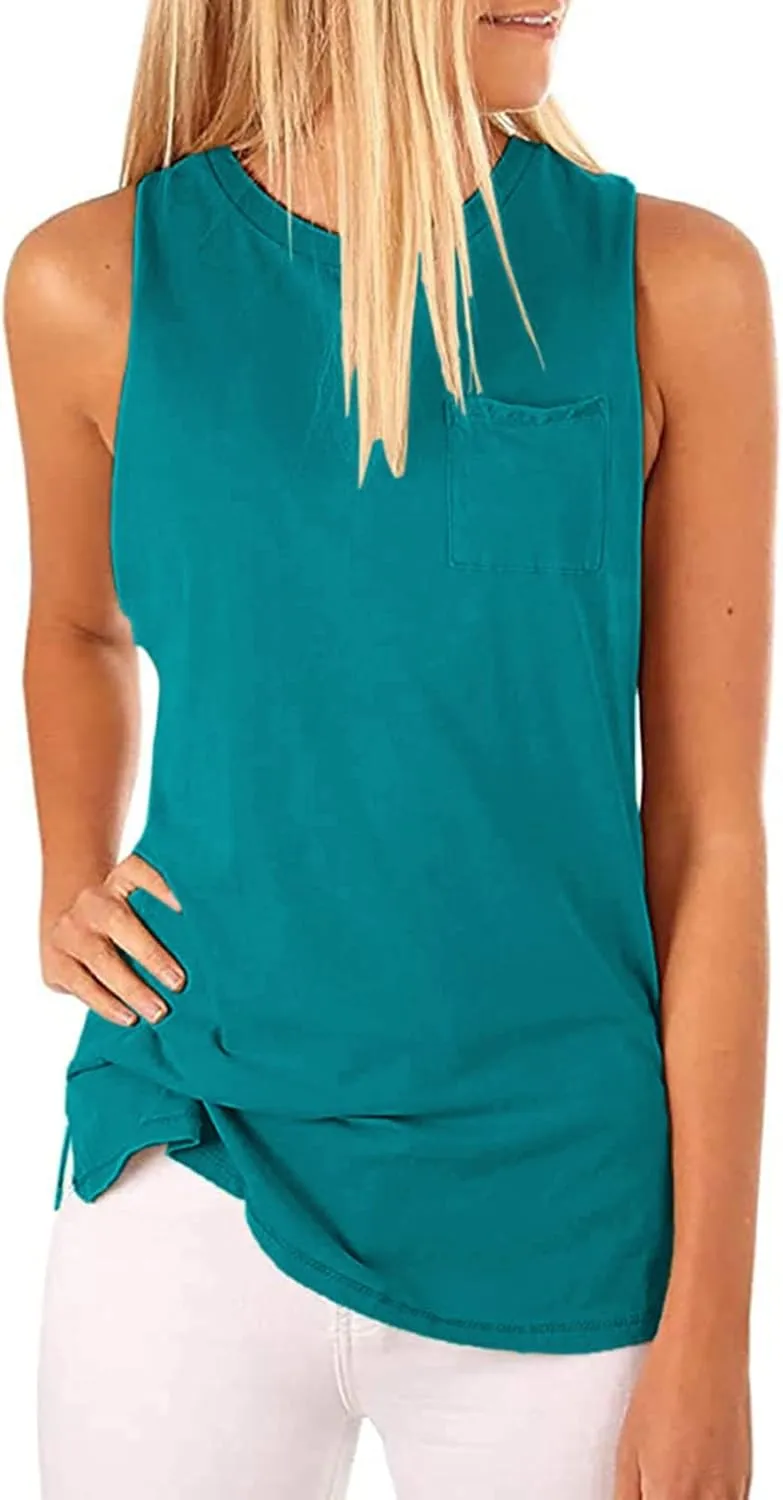 Hount Women's High Neck Tank Tops Summer Sleeveless T Shirts Loose Fit with Pockets