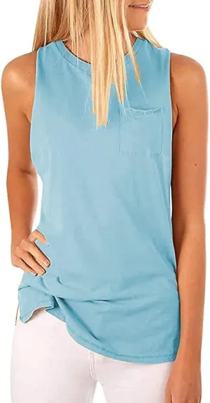 Hount Women's High Neck Tank Tops Summer Sleeveless T Shirts Loose Fit with Pockets