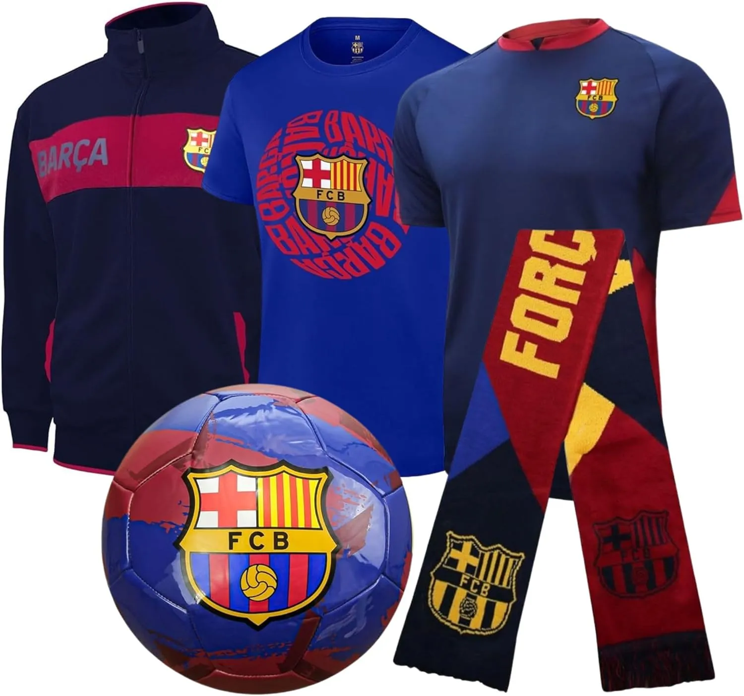 Icon Sports Officially Licensed FC Barcelona Ultimate Fan Pack, 5-Piece Soccer Set - Jacket, T-Shirts, Scarf & Soccer Ball