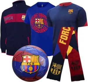 Icon Sports Officially Licensed FC Barcelona Ultimate Fan Pack, 5-Piece Soccer Set - Jacket, T-Shirts, Scarf & Soccer Ball