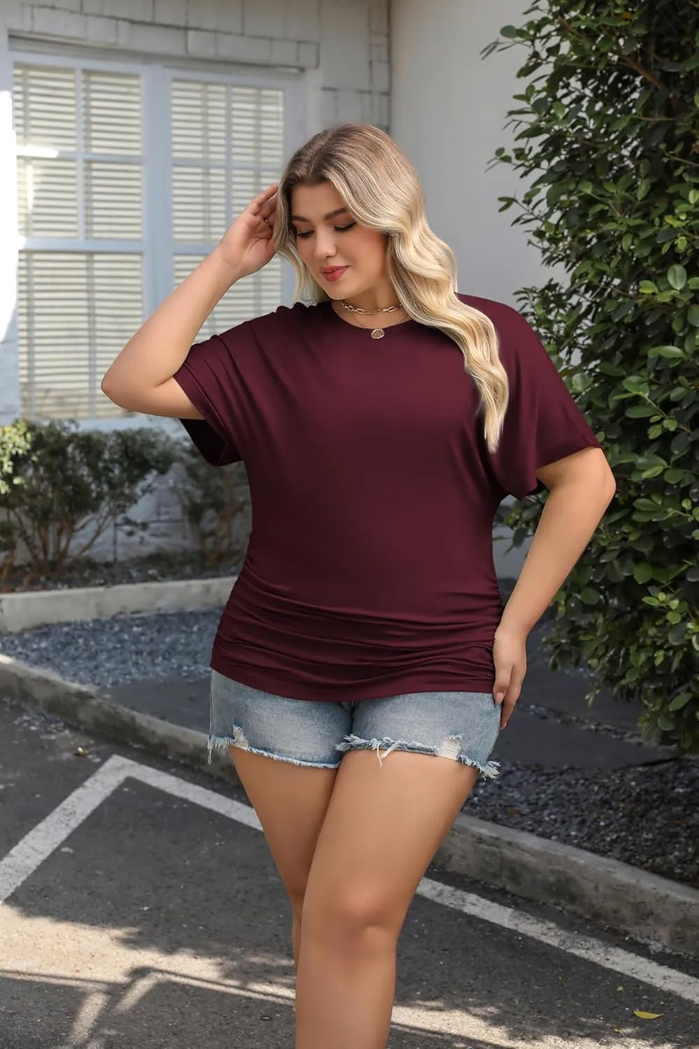 IN'VOLAND Women's Plus Size Casual Short Sleeve Dolman Top Boat Neck T Shirts