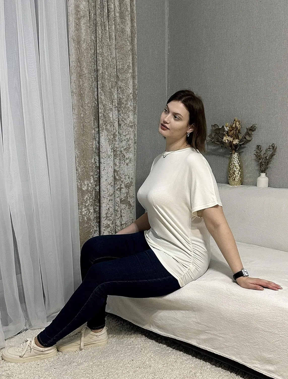 IN'VOLAND Women's Plus Size Casual Short Sleeve Dolman Top Boat Neck T Shirts
