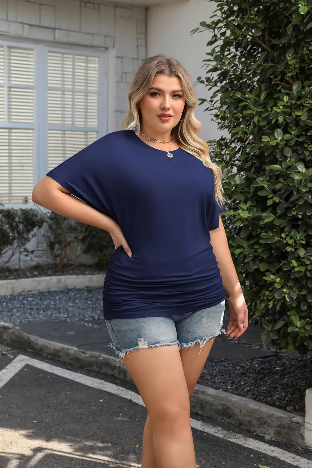 IN'VOLAND Women's Plus Size Casual Short Sleeve Dolman Top Boat Neck T Shirts