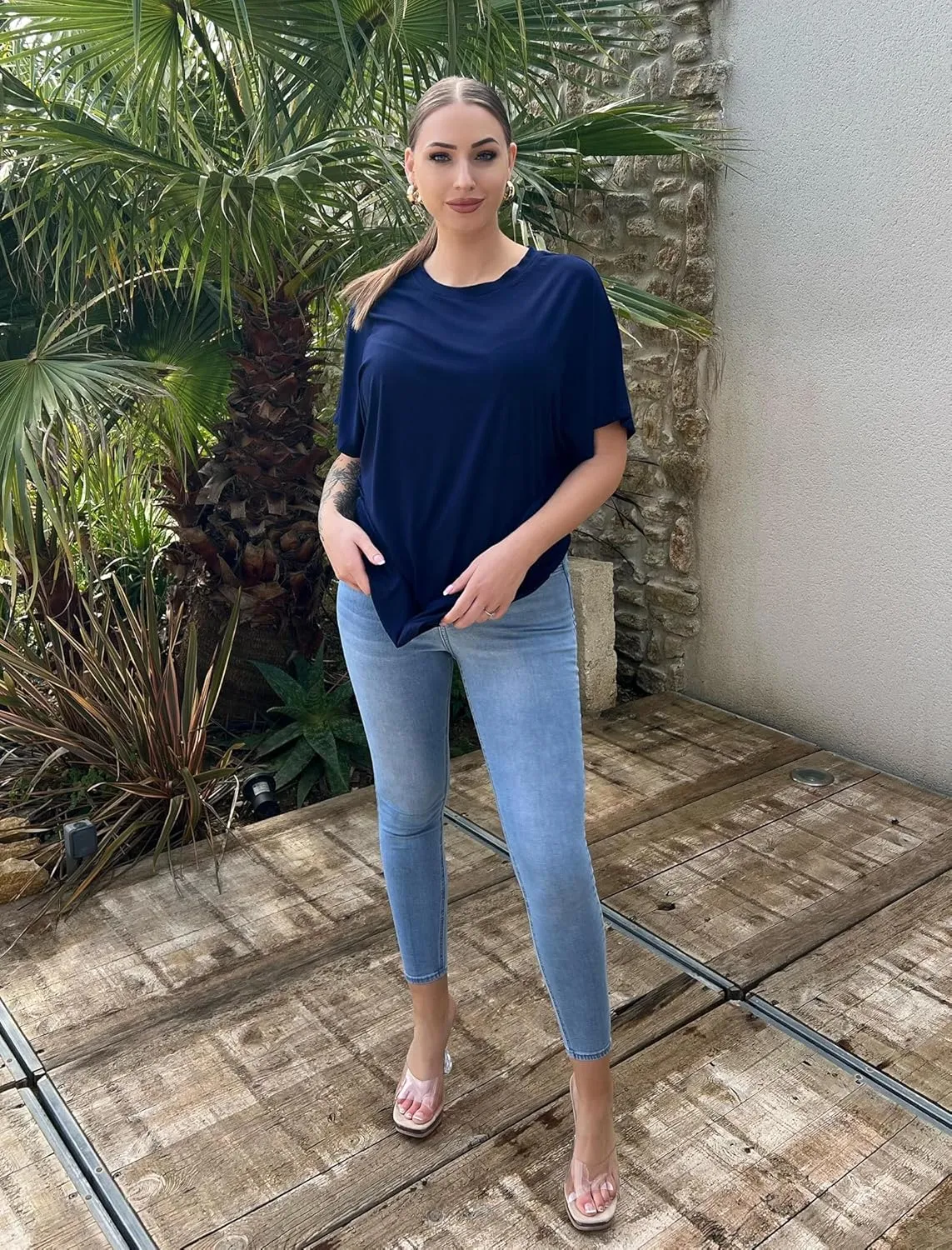 IN'VOLAND Women's Plus Size Casual Short Sleeve Dolman Top Boat Neck T Shirts