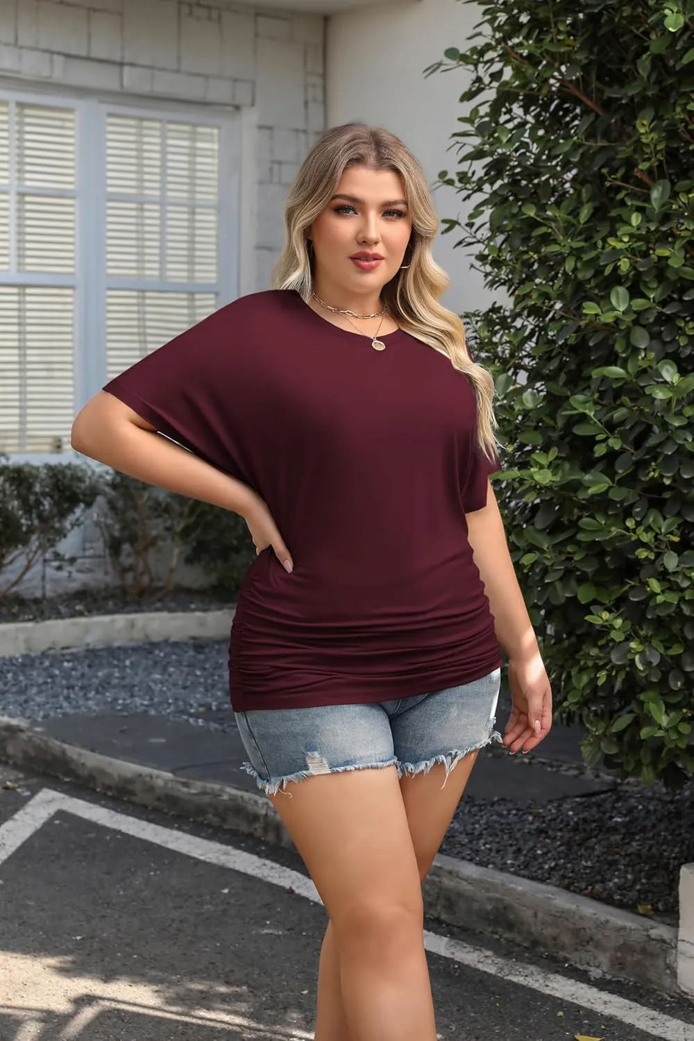 IN'VOLAND Women's Plus Size Casual Short Sleeve Dolman Top Boat Neck T Shirts