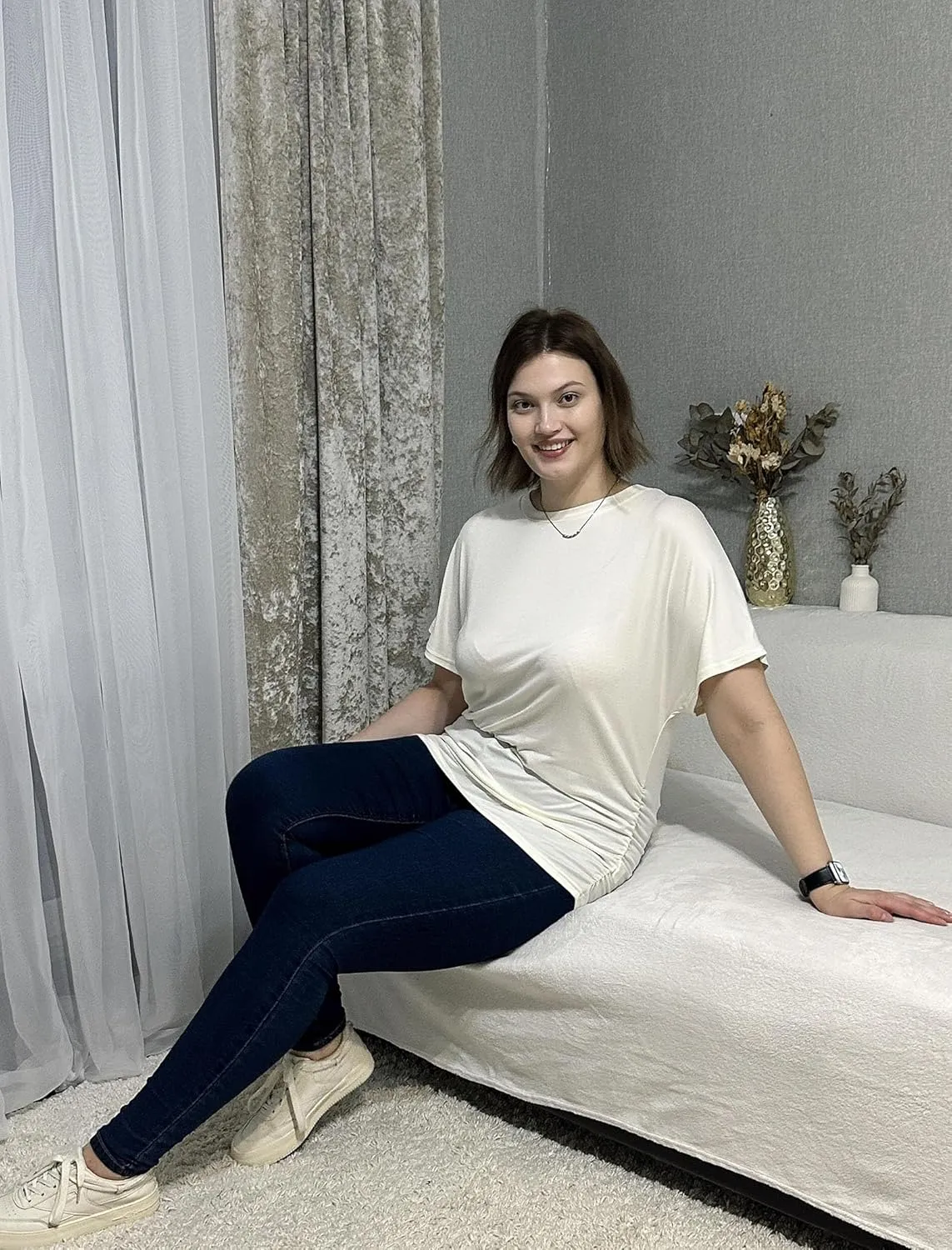 IN'VOLAND Women's Plus Size Casual Short Sleeve Dolman Top Boat Neck T Shirts