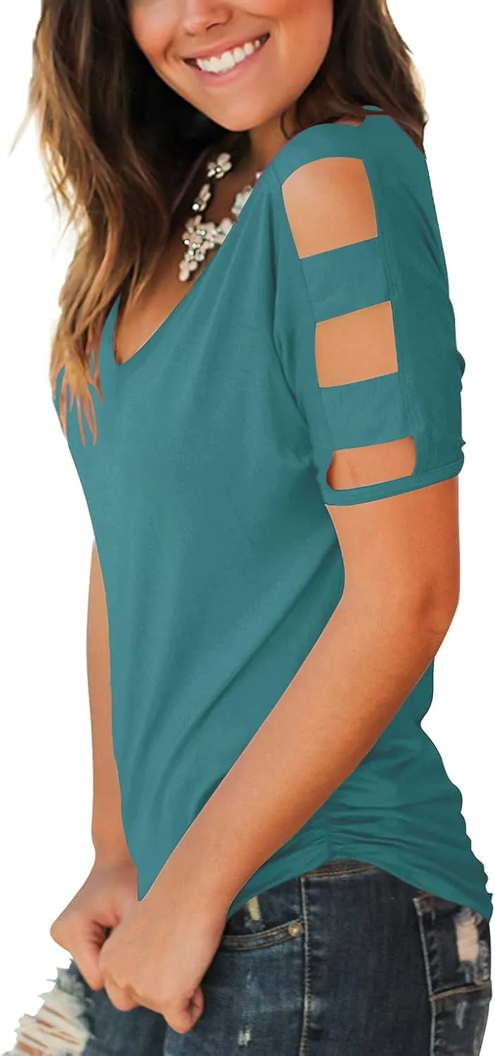 Jescakoo Women's Short Sleeve Cut Out Cold Shoulder Tops Deep V Neck T Shirts