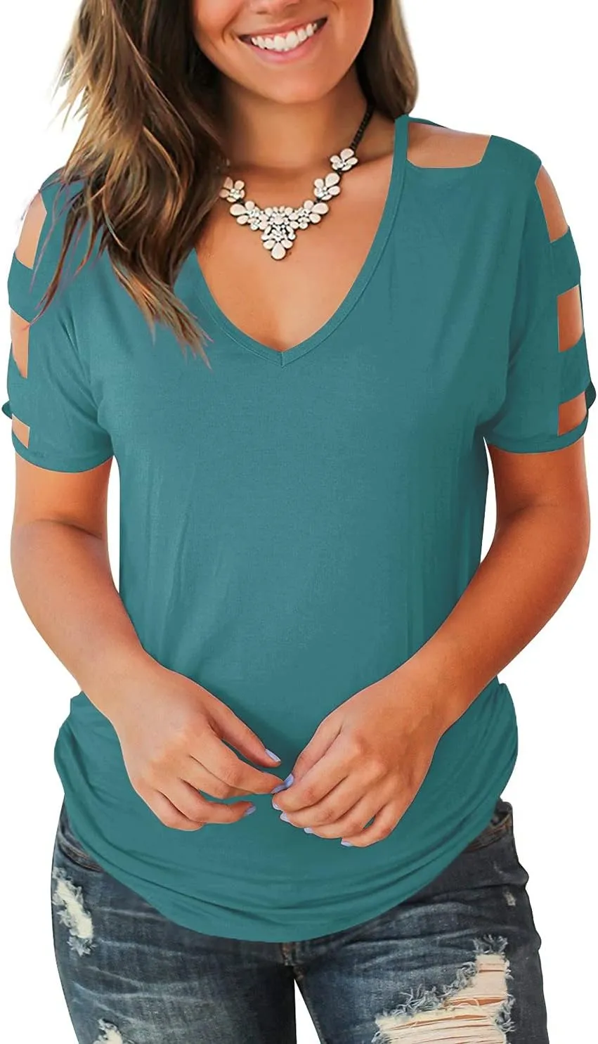 Jescakoo Women's Short Sleeve Cut Out Cold Shoulder Tops Deep V Neck T Shirts