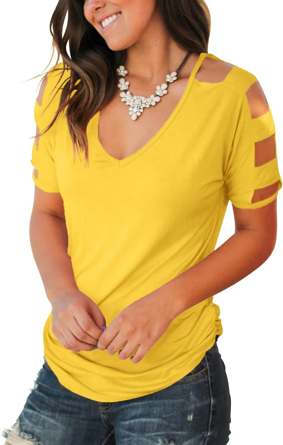 Jescakoo Women's Short Sleeve Cut Out Cold Shoulder Tops Deep V Neck T Shirts