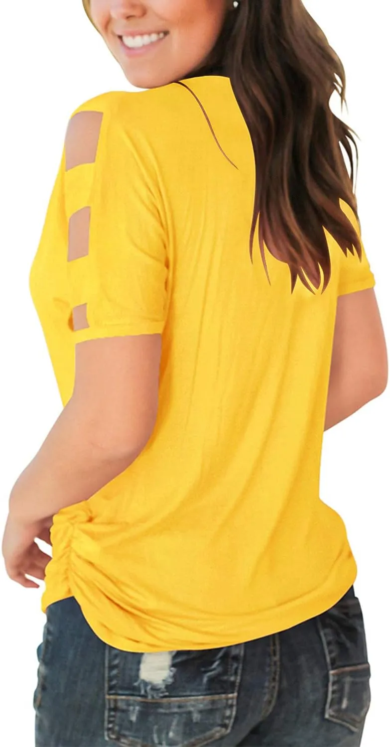 Jescakoo Women's Short Sleeve Cut Out Cold Shoulder Tops Deep V Neck T Shirts