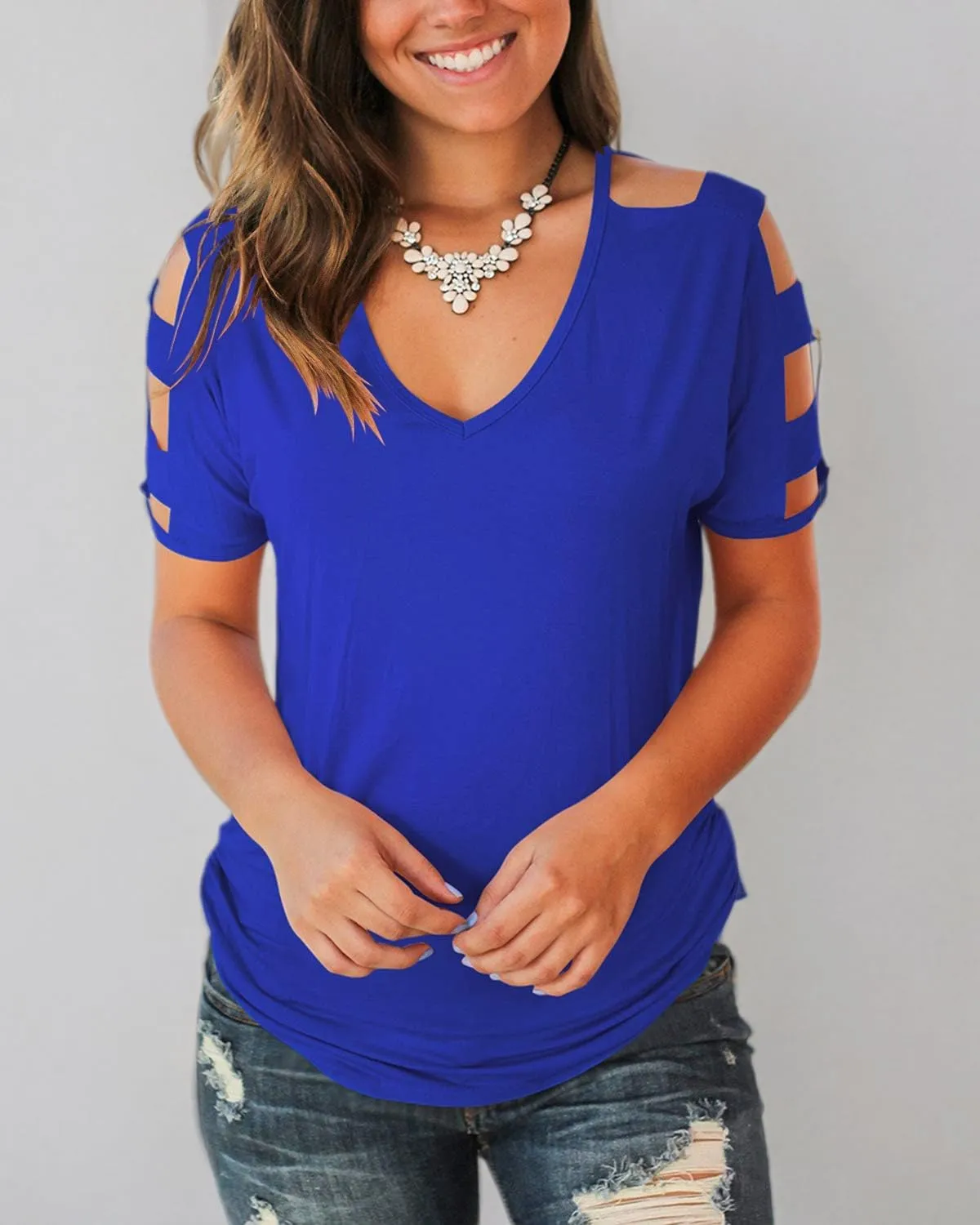Jescakoo Women's Short Sleeve Cut Out Cold Shoulder Tops Deep V Neck T Shirts