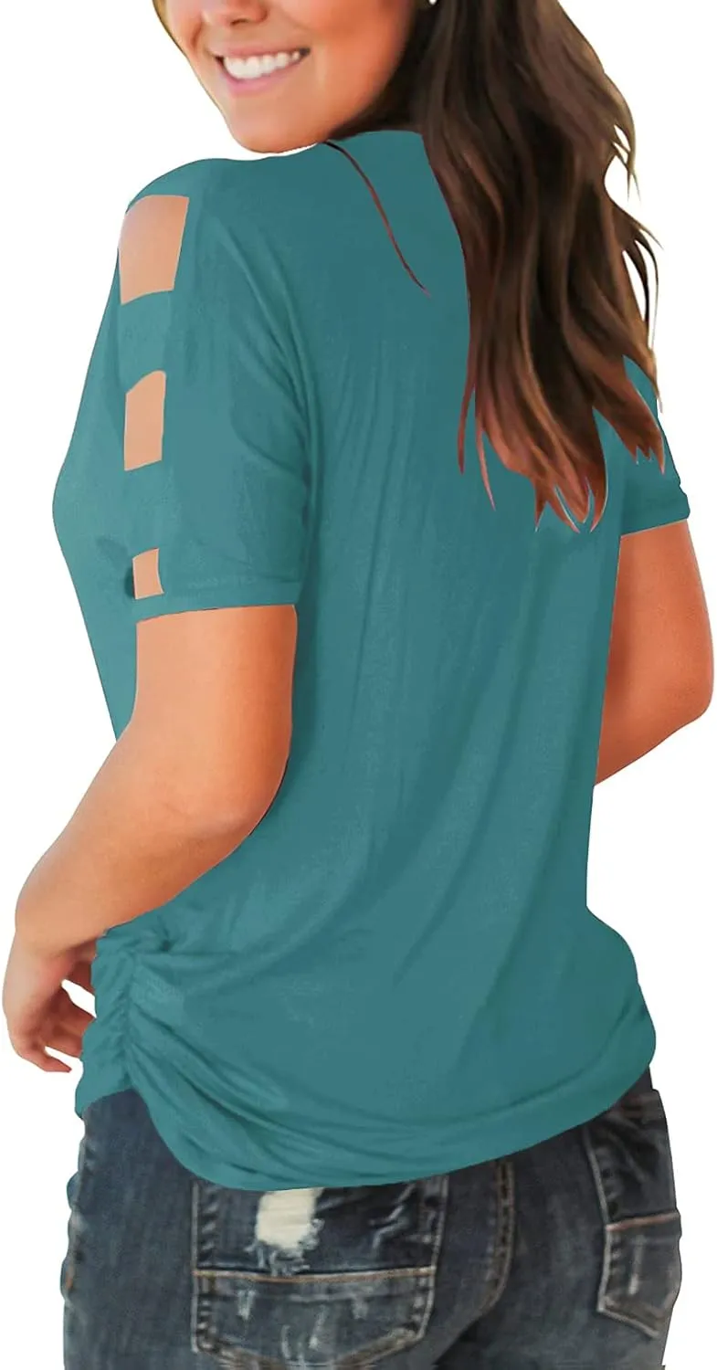 Jescakoo Women's Short Sleeve Cut Out Cold Shoulder Tops Deep V Neck T Shirts