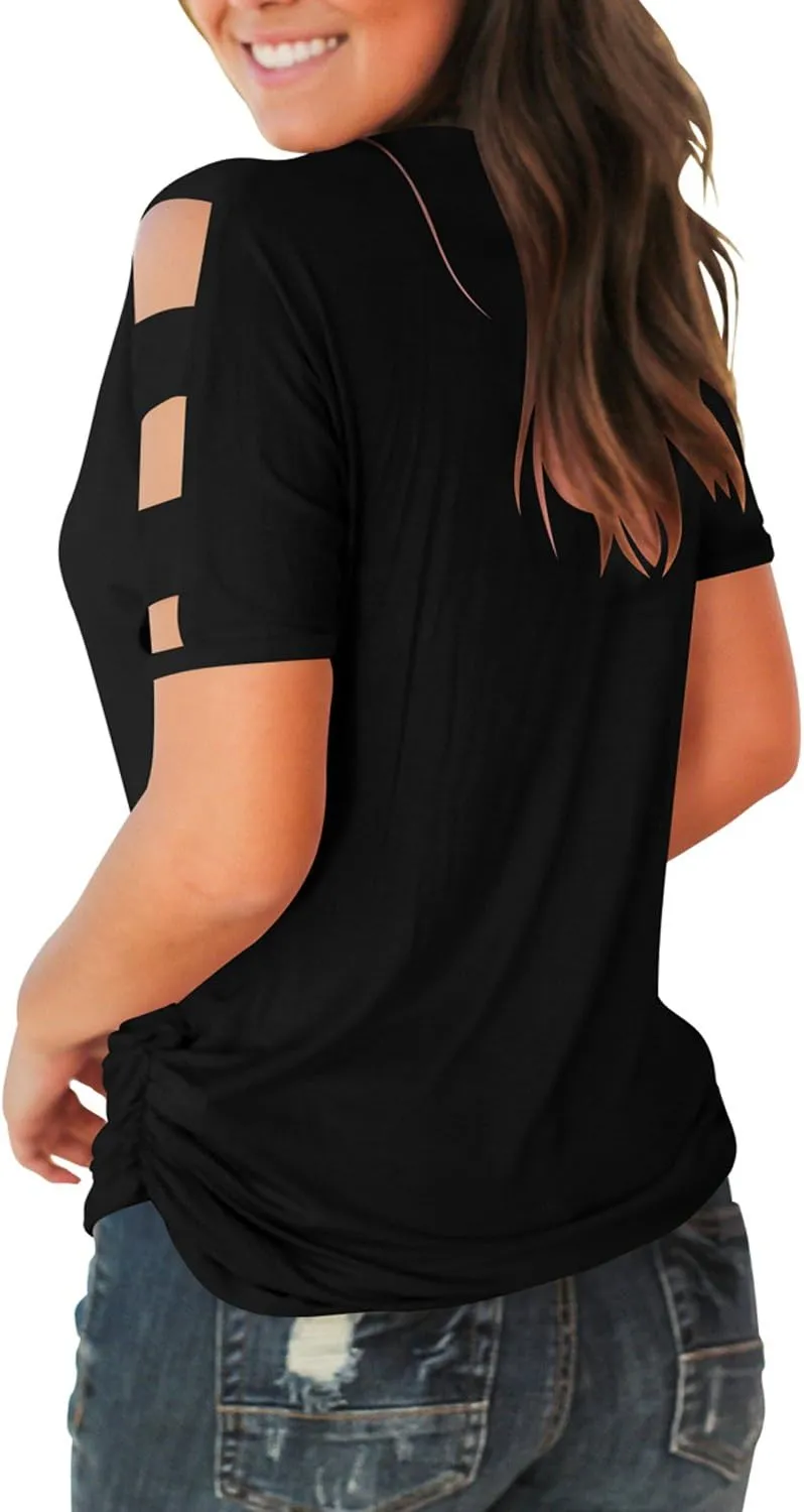 Jescakoo Women's Short Sleeve Cut Out Cold Shoulder Tops Deep V Neck T Shirts
