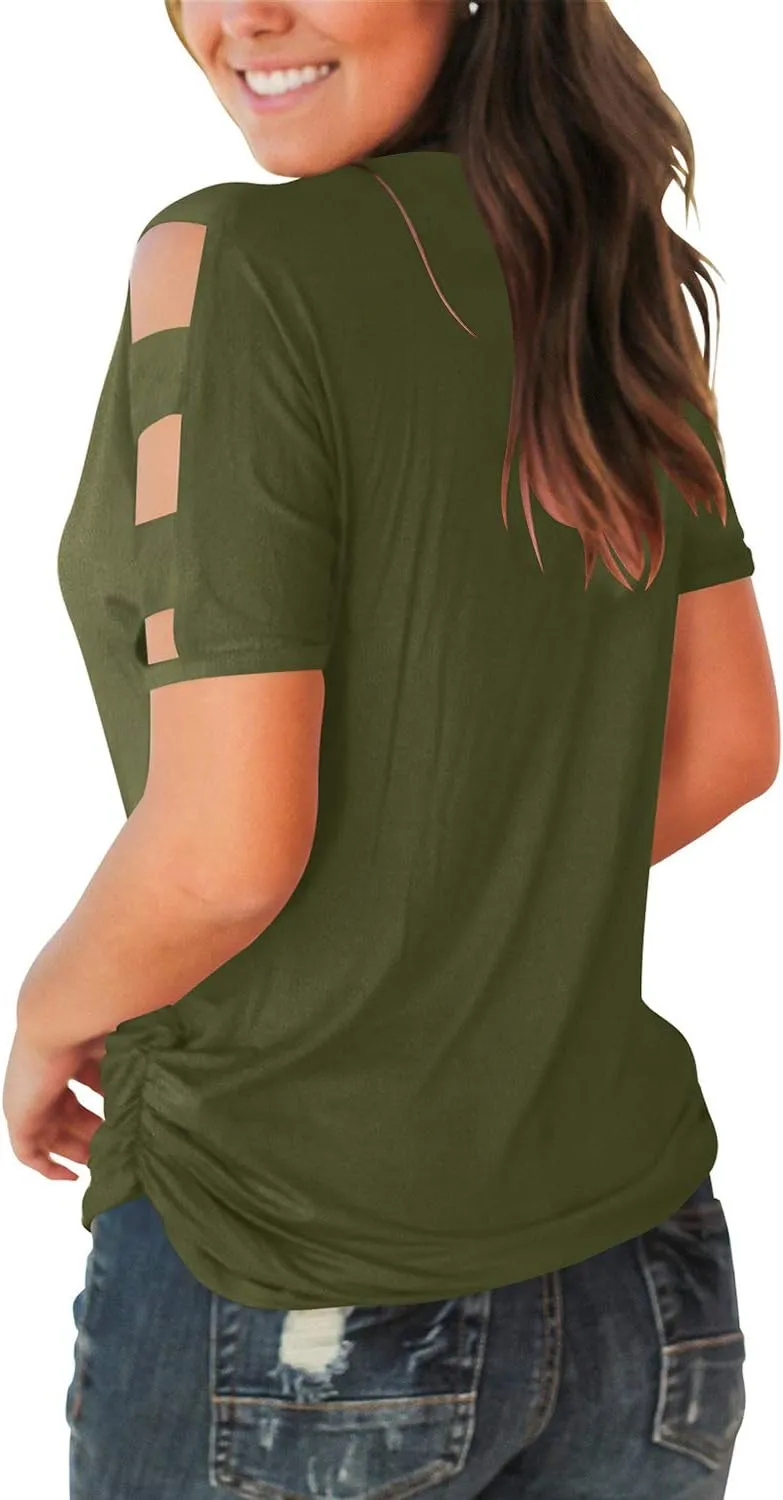 Jescakoo Women's Short Sleeve Cut Out Cold Shoulder Tops Deep V Neck T Shirts