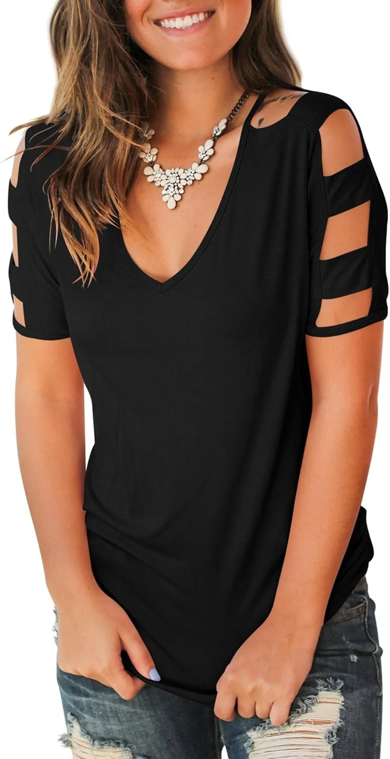 Jescakoo Women's Short Sleeve Cut Out Cold Shoulder Tops Deep V Neck T Shirts
