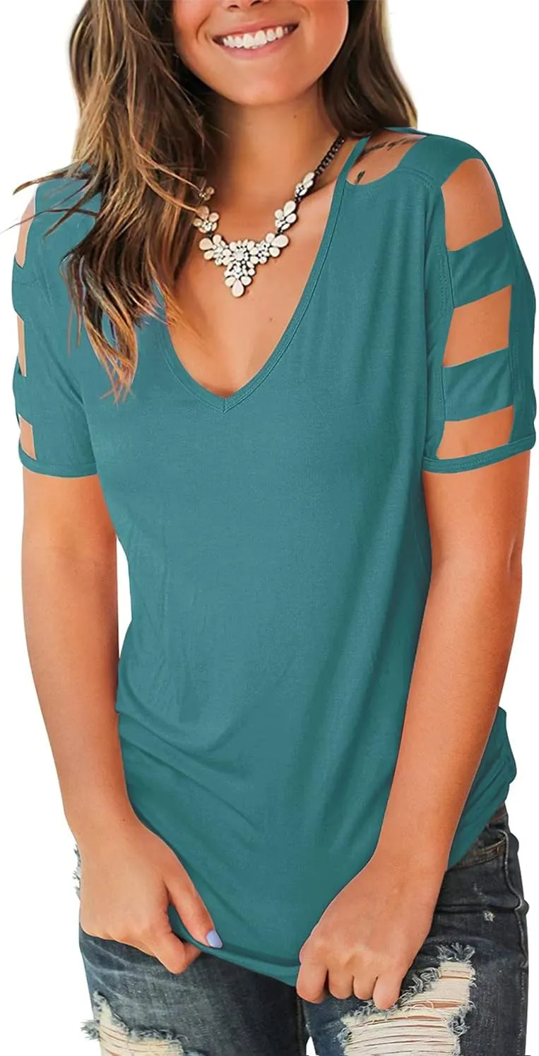 Jescakoo Women's Short Sleeve Cut Out Cold Shoulder Tops Deep V Neck T Shirts