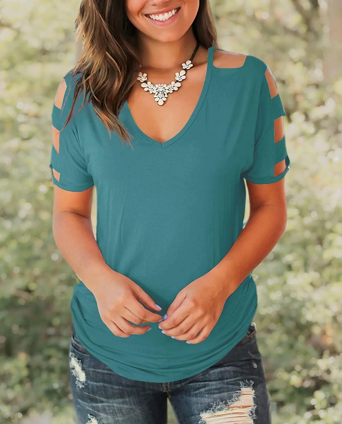 Jescakoo Women's Short Sleeve Cut Out Cold Shoulder Tops Deep V Neck T Shirts