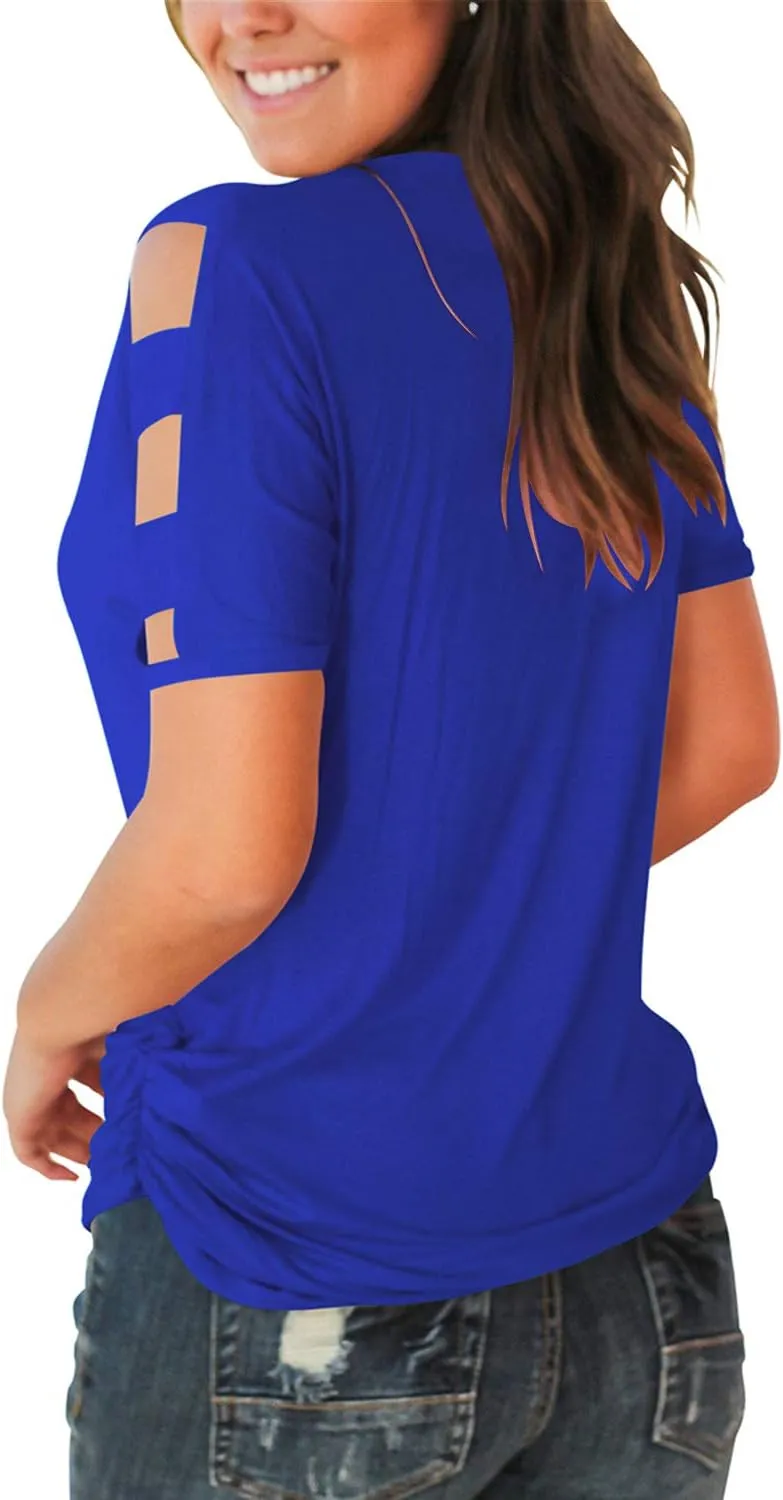 Jescakoo Women's Short Sleeve Cut Out Cold Shoulder Tops Deep V Neck T Shirts