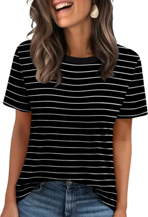 Jescakoo Womens Tops Summer Short Sleeve Ribbed Trim Crewneck T Shirts Fashion Basic Tee