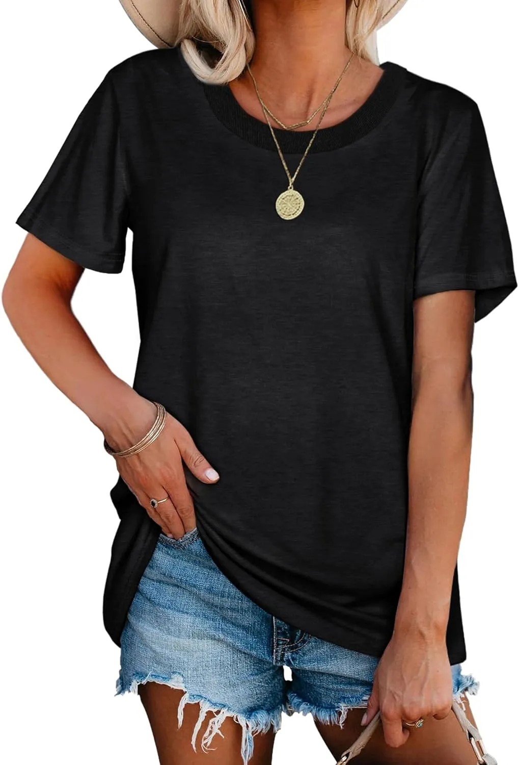 Jescakoo Womens Tops Summer Short Sleeve Ribbed Trim Crewneck T Shirts Fashion Basic Tee