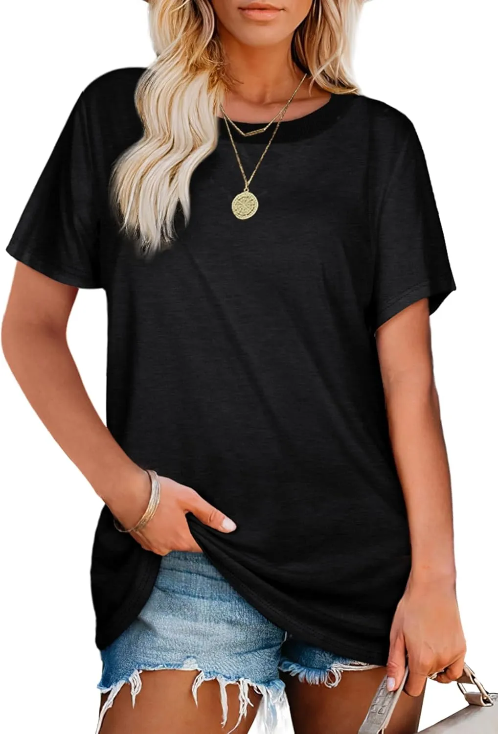 Jescakoo Womens Tops Summer Short Sleeve Ribbed Trim Crewneck T Shirts Fashion Basic Tee