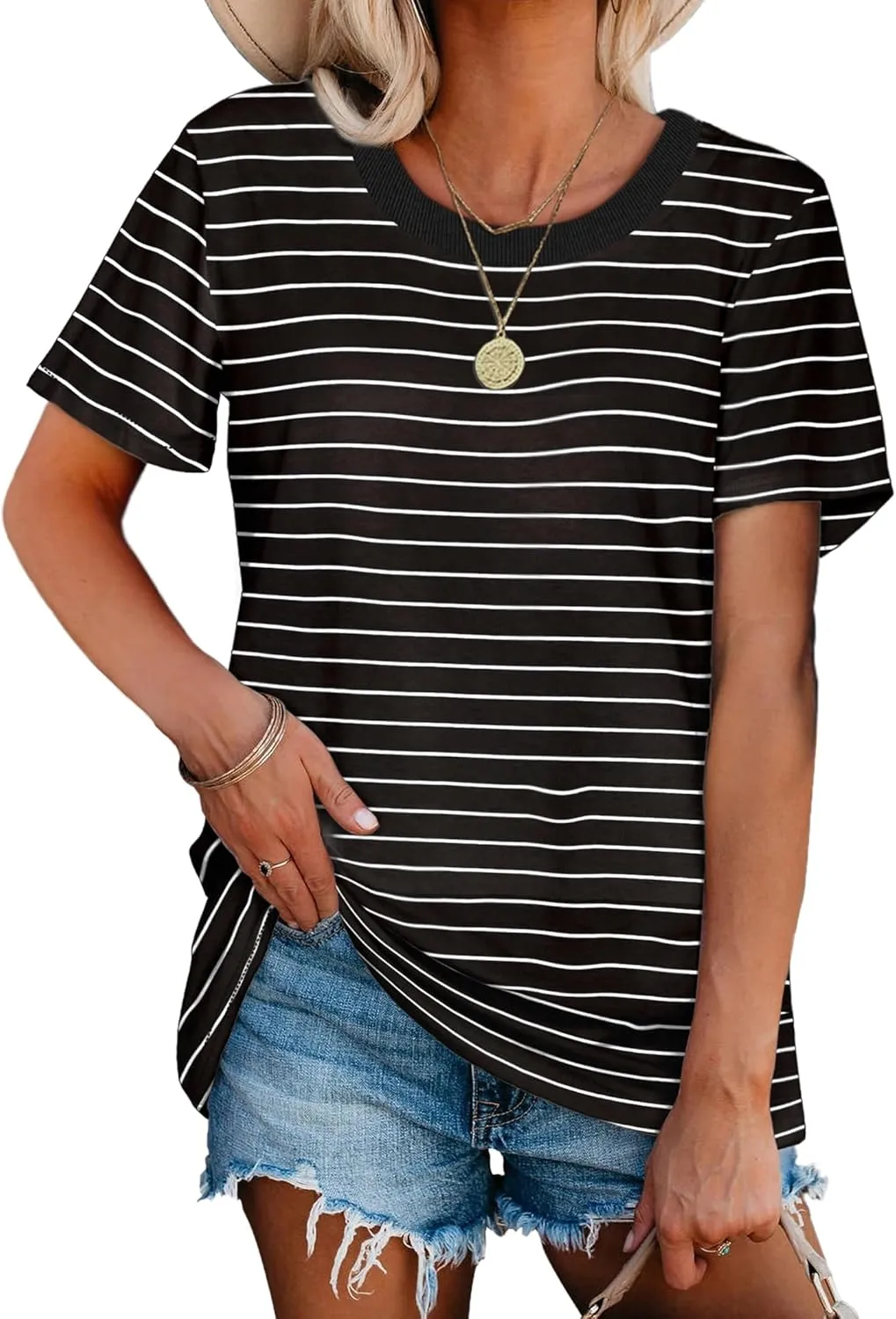 Jescakoo Womens Tops Summer Short Sleeve Ribbed Trim Crewneck T Shirts Fashion Basic Tee