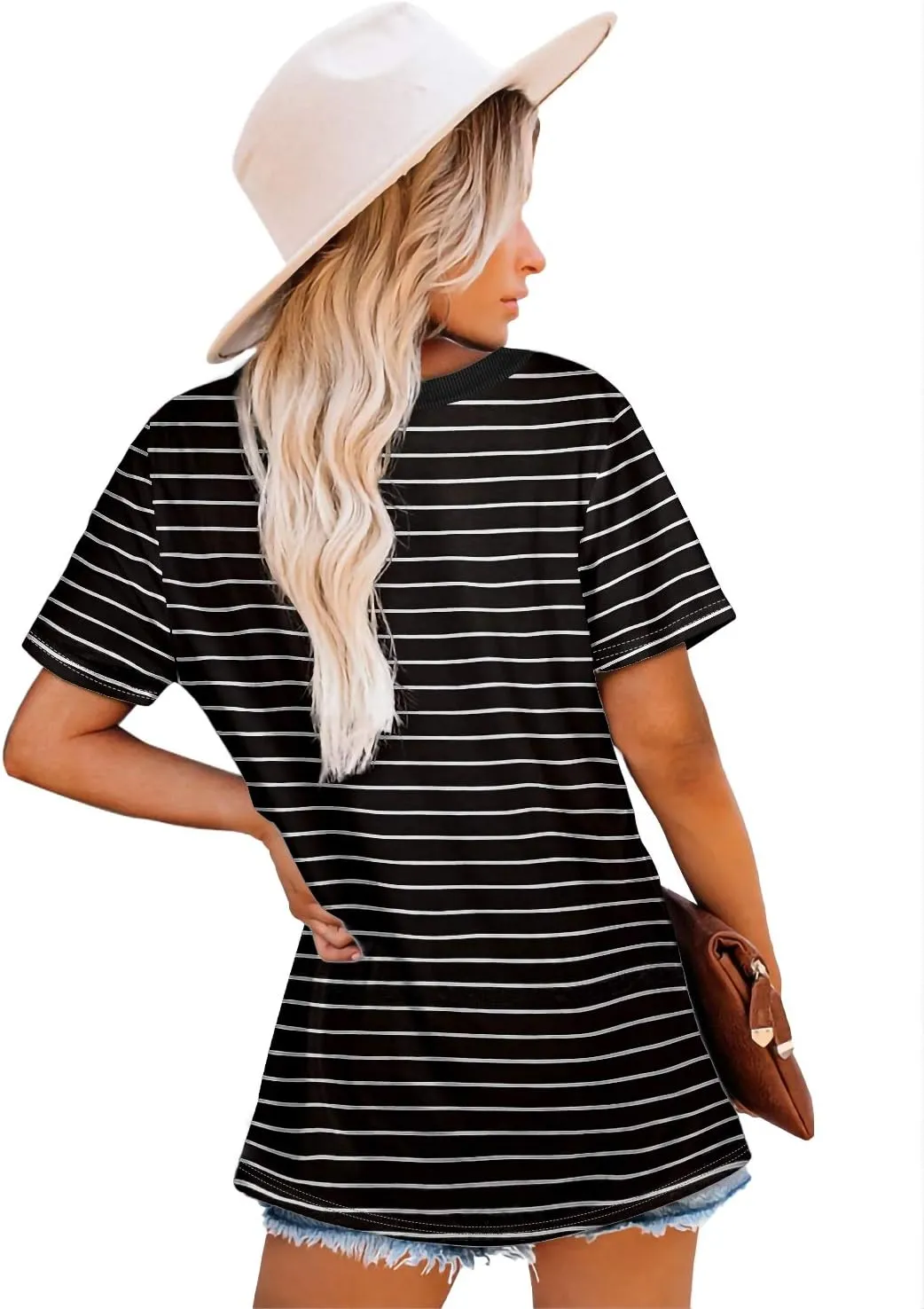 Jescakoo Womens Tops Summer Short Sleeve Ribbed Trim Crewneck T Shirts Fashion Basic Tee