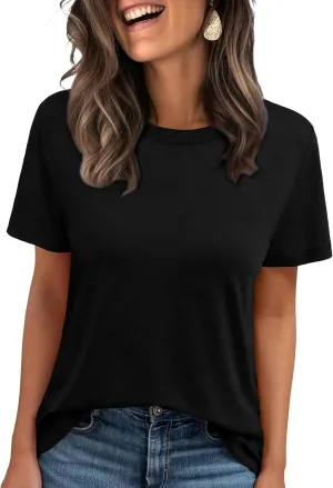 Jescakoo Womens Tops Summer Short Sleeve Ribbed Trim Crewneck T Shirts Fashion Basic Tee