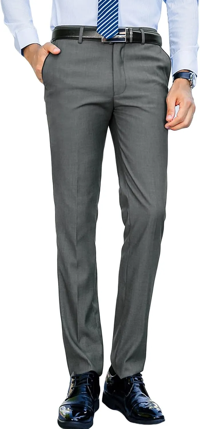 JEShifangjiusu Men's Slim-Fit Flat-Front Dress Pant Classic Business Chino Trousers Solid Color Skinny Comfort Wedding Pant (32,Grey), Grey, 32