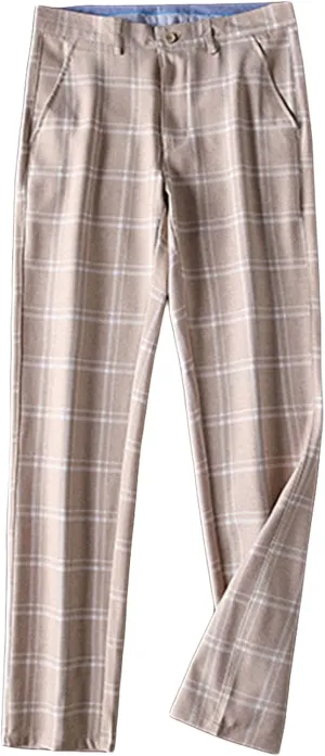 JEShifangjiusu Men's Slim-Fit Flat-Front Dress Pant Straight Fit Plaid Stretch Skinny Casual Business Dress Chinos Pants (30,Light Brown), Light Brown, 30