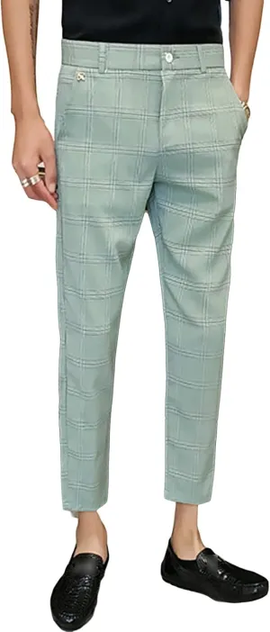 JEShifangjiusu Men's Slim Fit Suit Pants Chino Pants Stretch Flat-Front Dress Pants Plaid Skinny Business Casual Trousers (X-Large,Green), Green, X-Large