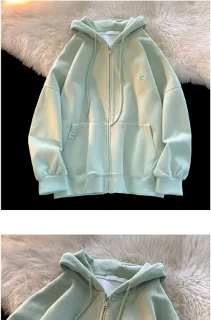 Kawaii Letter Embroidery Zip Up Hoodies for Women Japanese Cutecore Oversized Sweatshirts Casual Preppy Coats