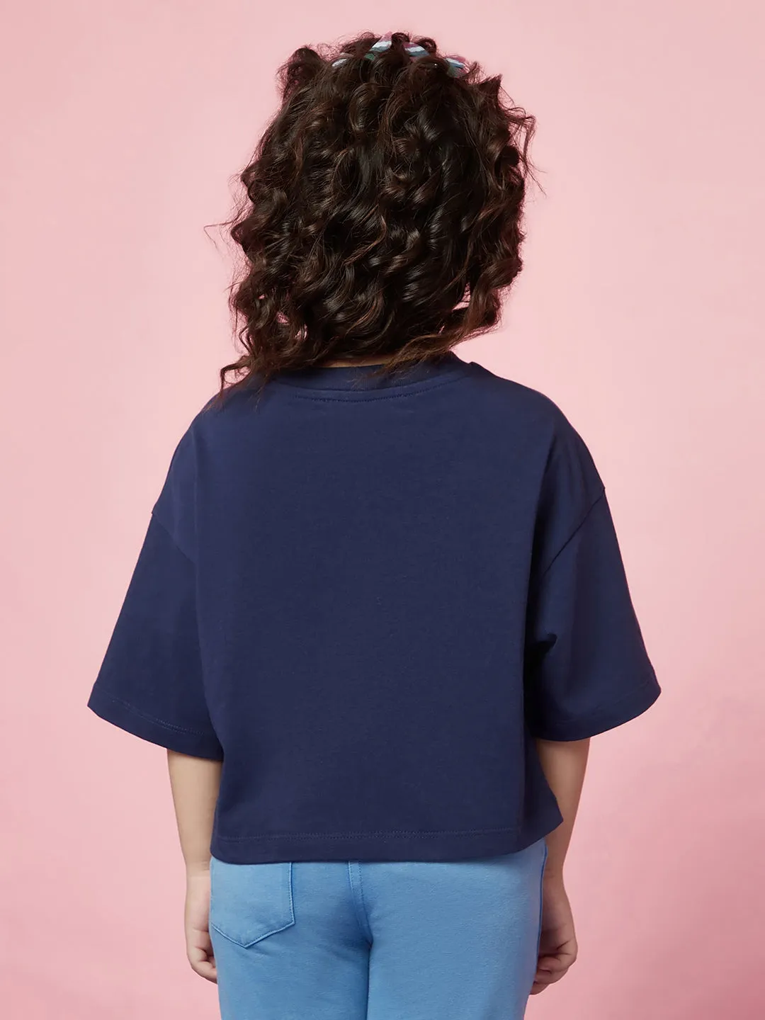 Kid Girl's Navy Blue Printed T-Shirt and Light Blue Pants Set