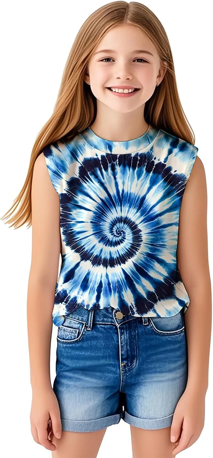 Kids Tie Dye Shirt Size 5-14 Years Sleeveless T Shirts Children Tank Tops Hippies Senior Tees for Boys Girls