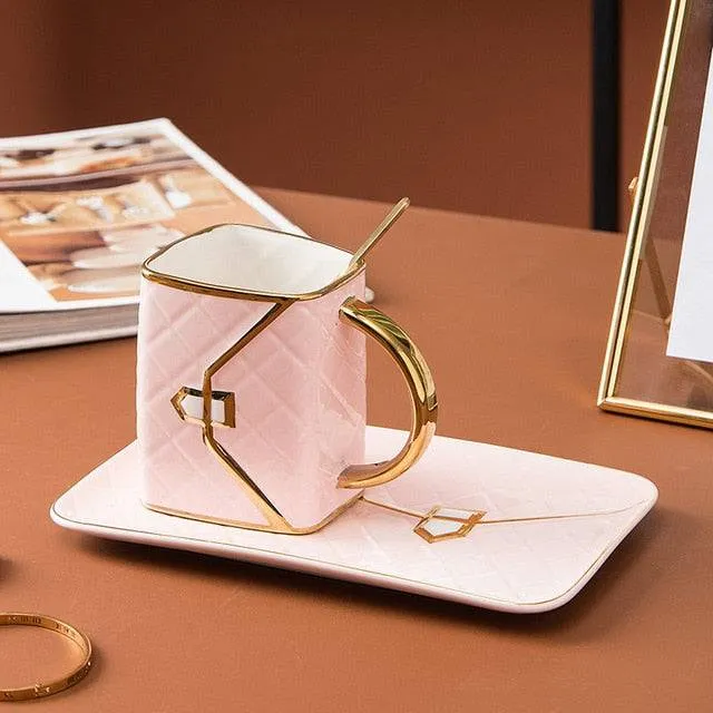 Lady's Bag Coffee Cup Spoon and Saucer Set Ceramic Mug 310ml  Inspired Coffee Cup