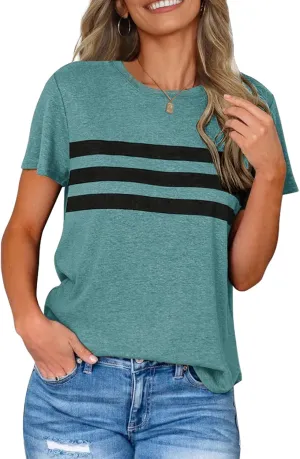 LEANI Womens Short Sleeve T Shirts Crewneck Striped Color Block Tunic Tops Loose Casual Summer Tee