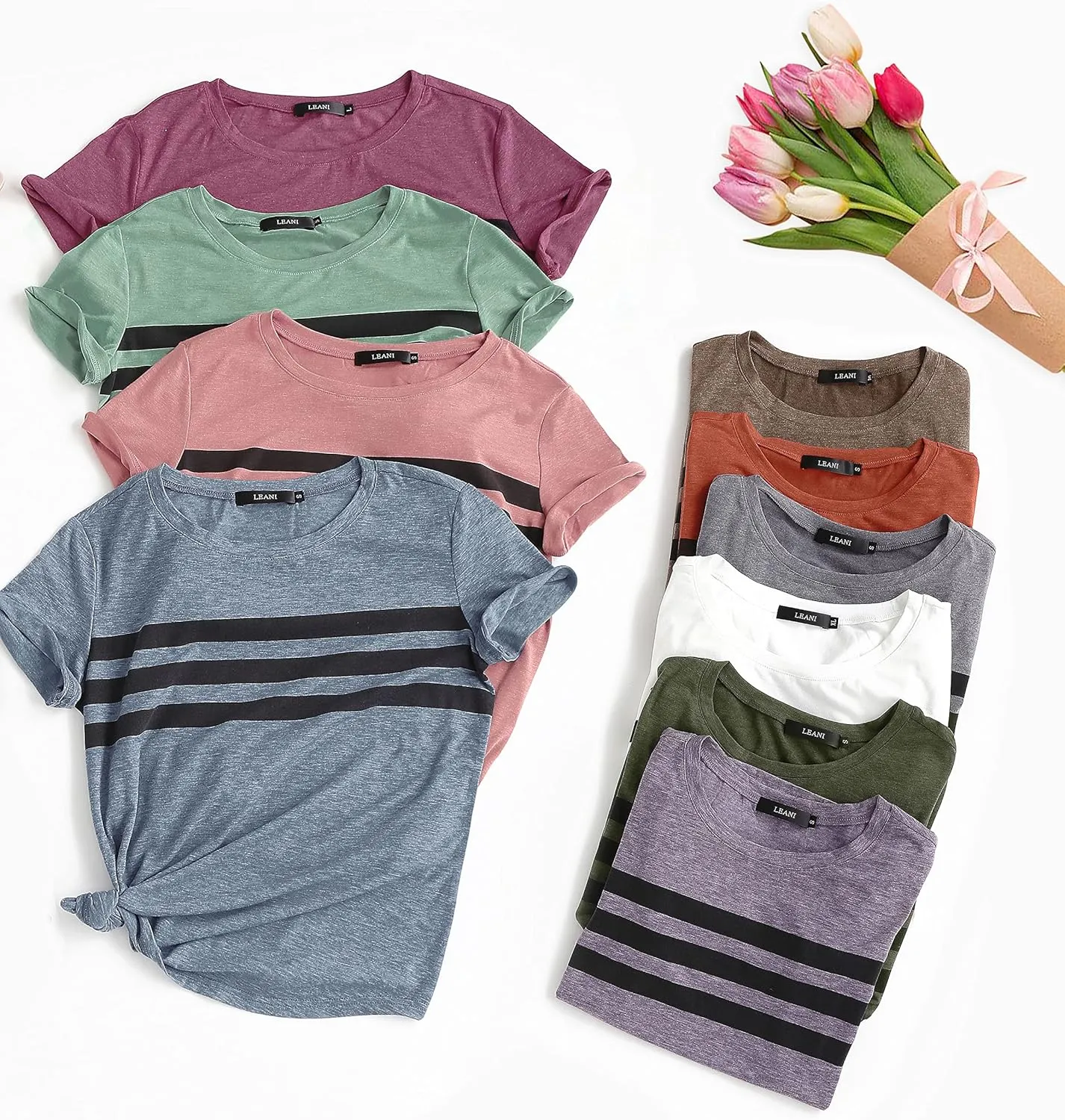 LEANI Womens Short Sleeve T Shirts Crewneck Striped Color Block Tunic Tops Loose Casual Summer Tee