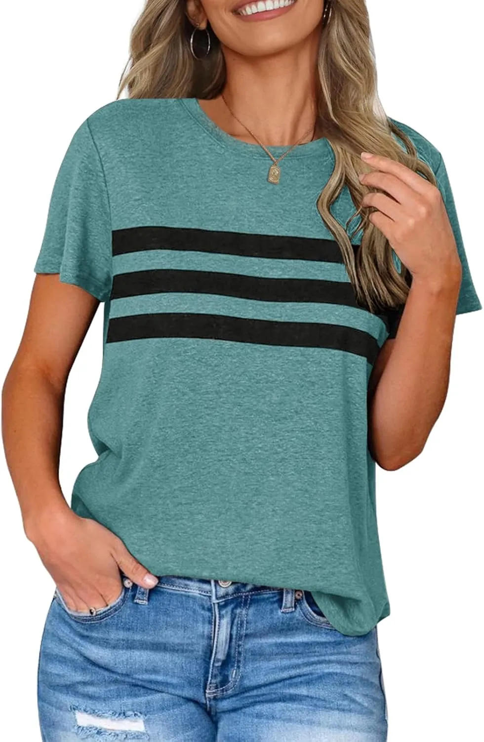 LEANI Womens Short Sleeve T Shirts Crewneck Striped Color Block Tunic Tops Loose Casual Summer Tee