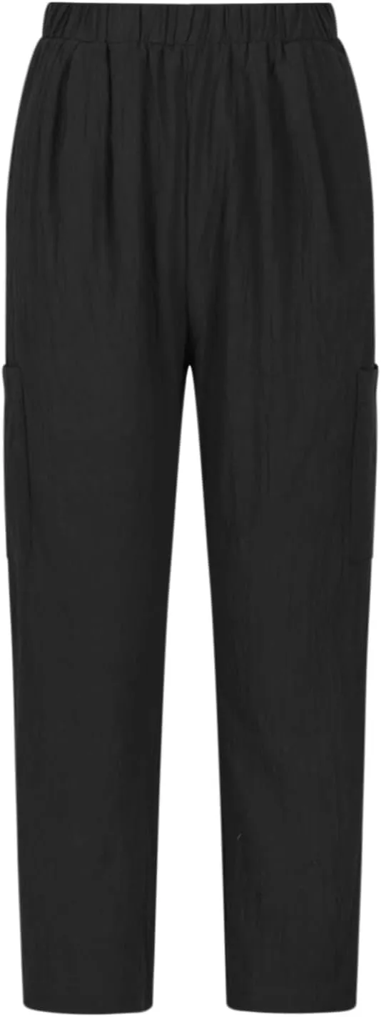 Linen Pants for Women Summer Beach Straight Leg Trousers Casual Elastic Waist Breathable Slacks Pants with Pocket